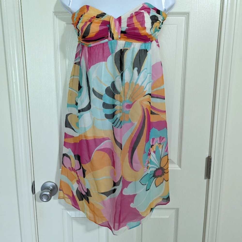Shoshanna Size 2 Cocktail Dress 100% Silk Strapless Pink Orange Blue